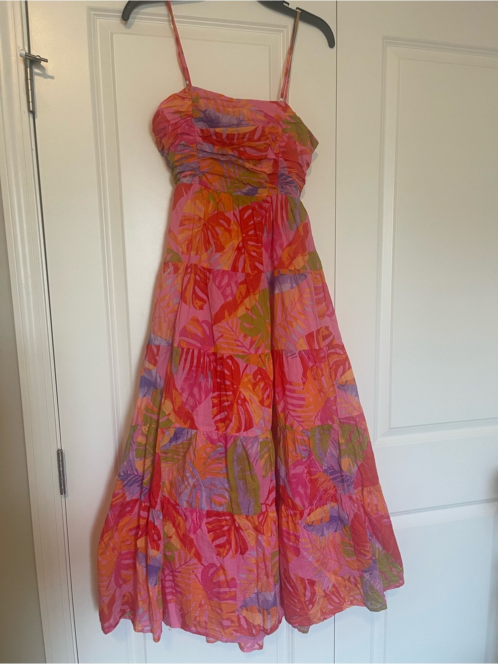 Pink Tropical Maxi Dress with Adjustable Spaghetti Straps